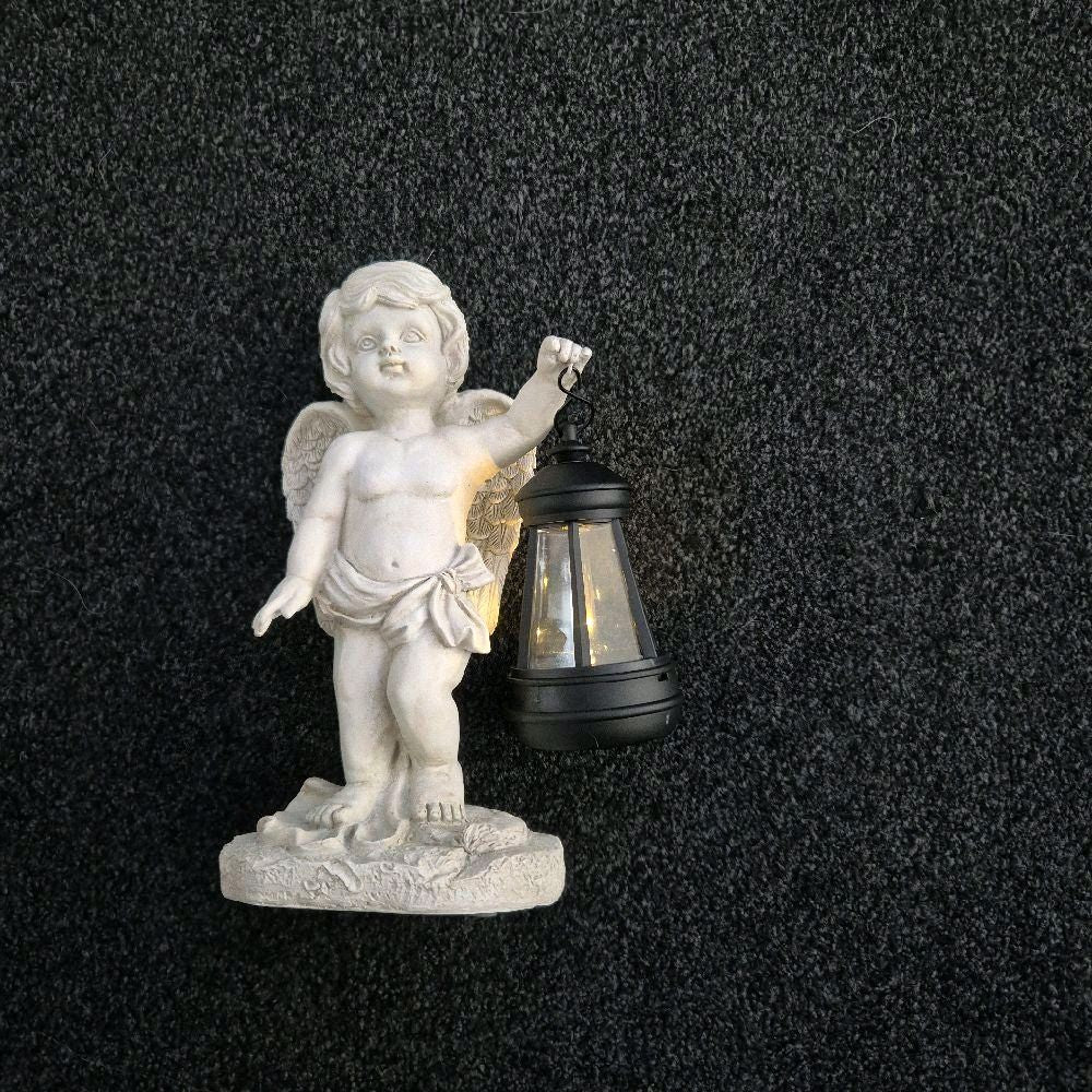 Solar Garden Statues Outdoor Ornaments Cherub with Solar Lantern Light Up Decorative Angel Figurine