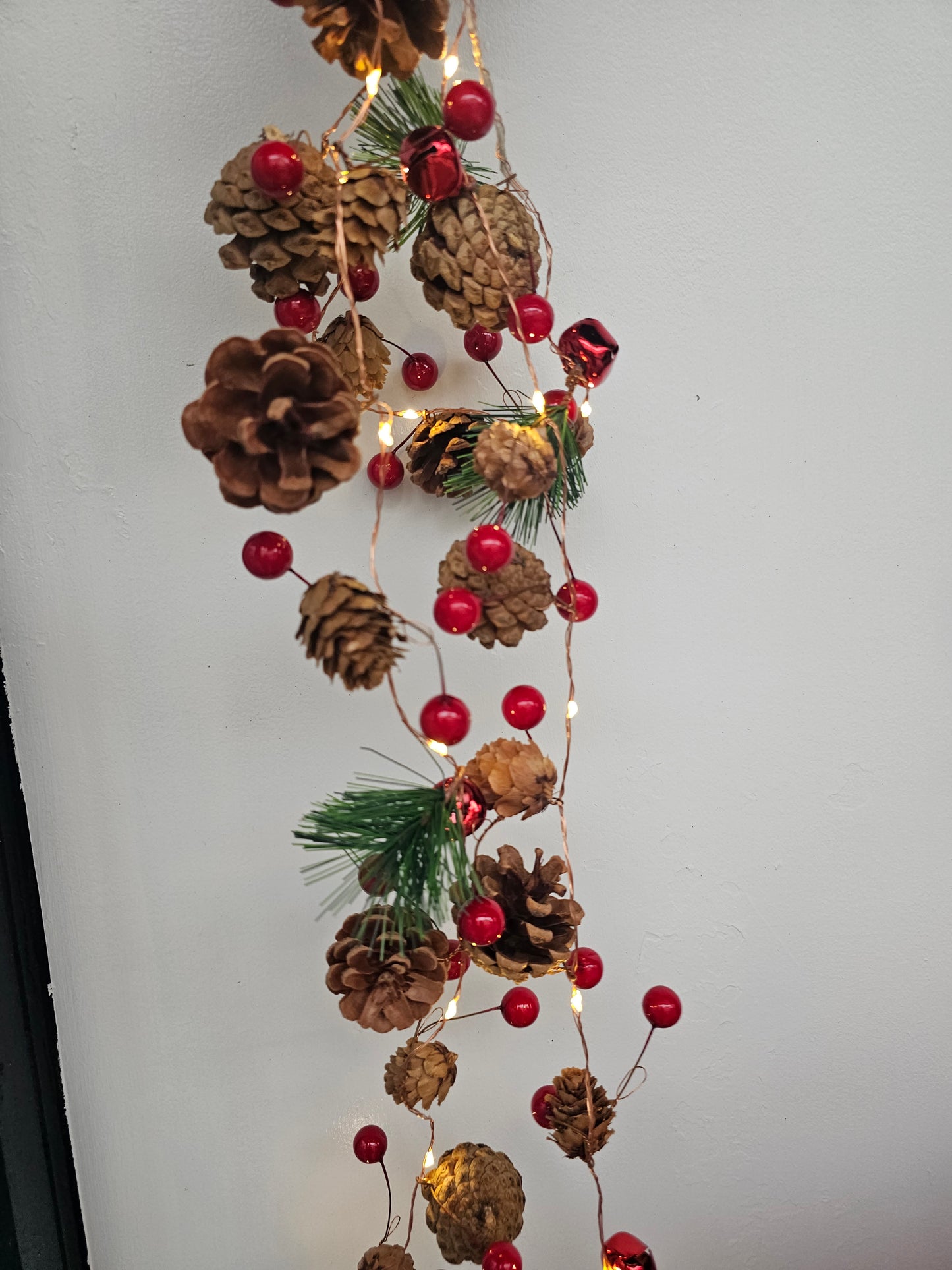 Christmas light up Garland with Pine cones, Berries and bells