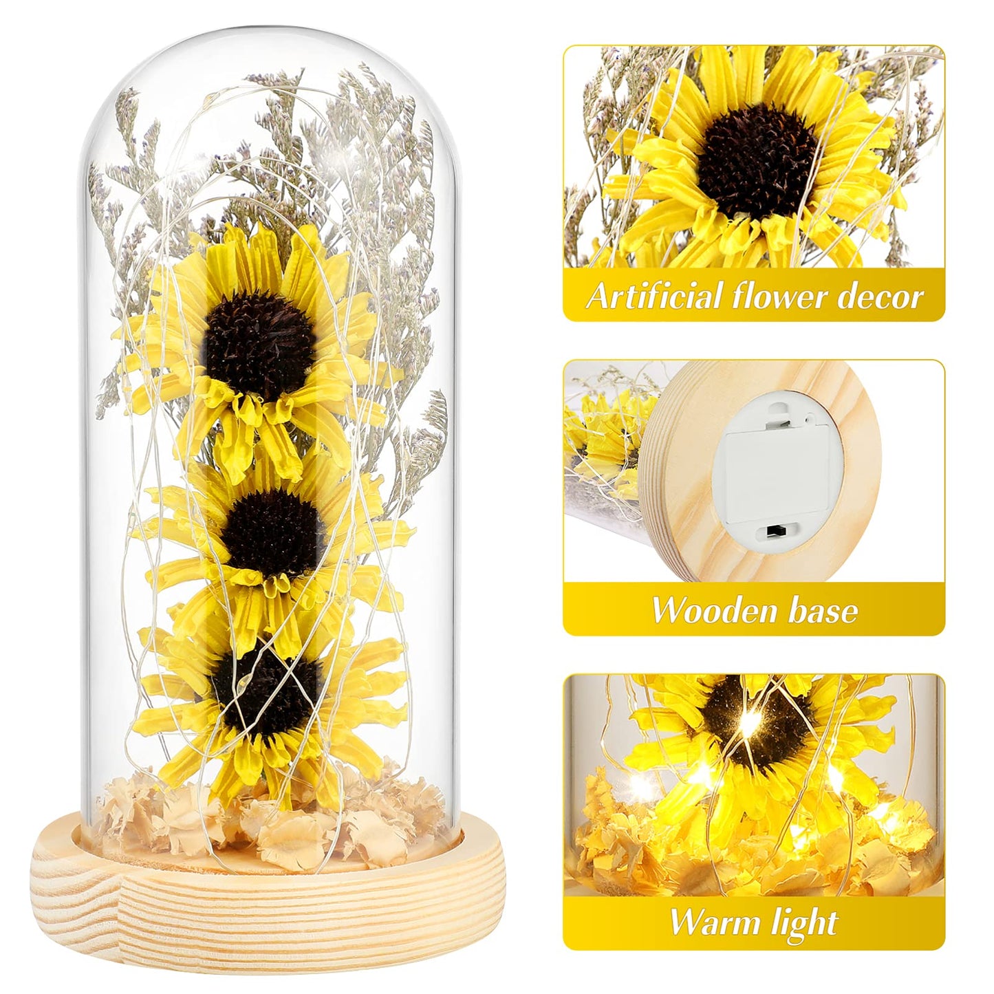 Artificial Sunflower in Glass Dome with LED Fairy Lights Decorative Gift  Birthday - Yellow Medium