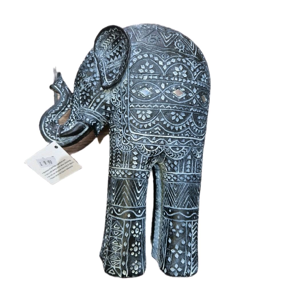 Carved Black & White Elephant Figurine 26cm - Intricate Design Ornament Decorative Standing