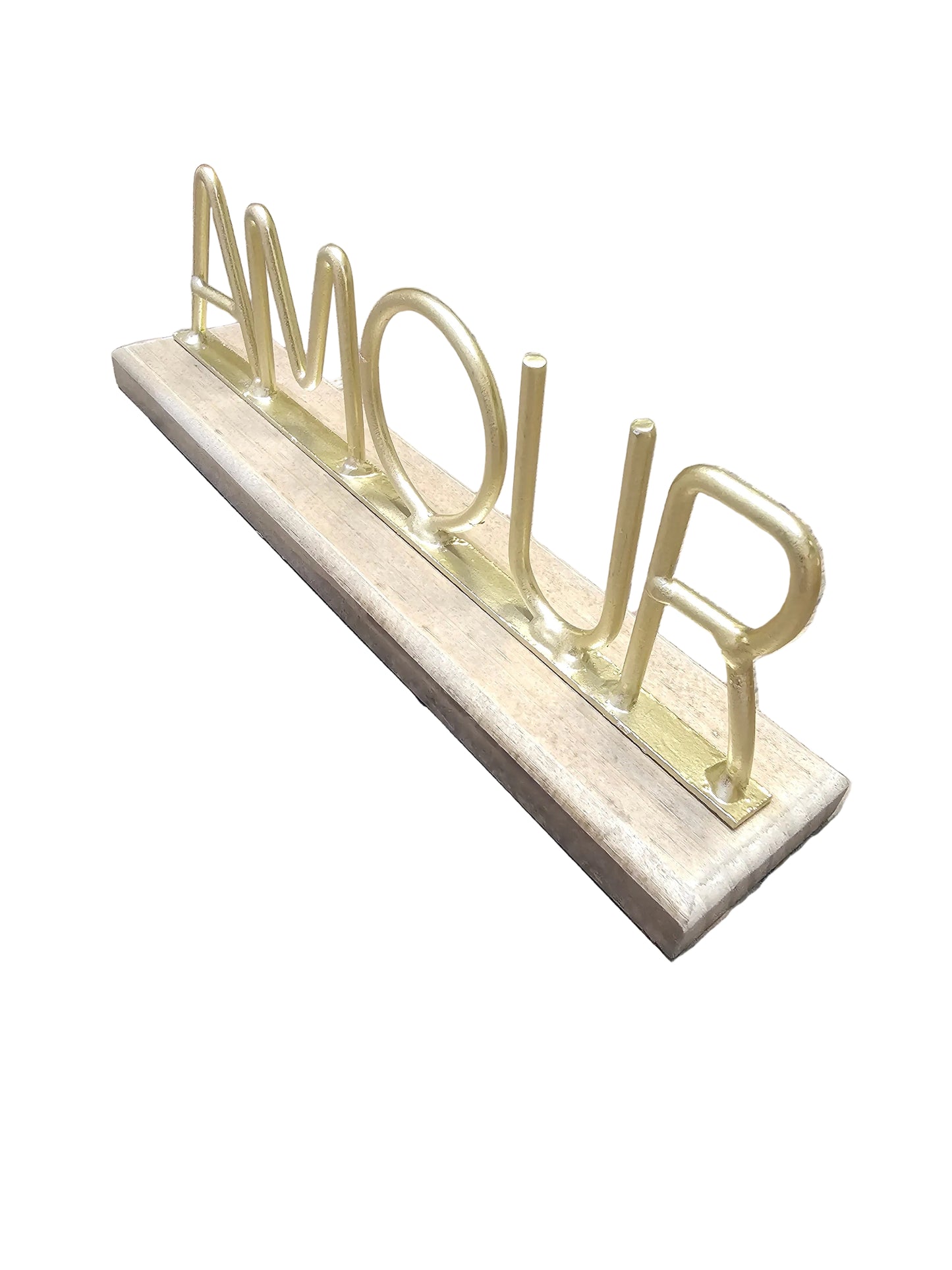 Amour tabletop decor sign with an antique brass finish on a wooden base