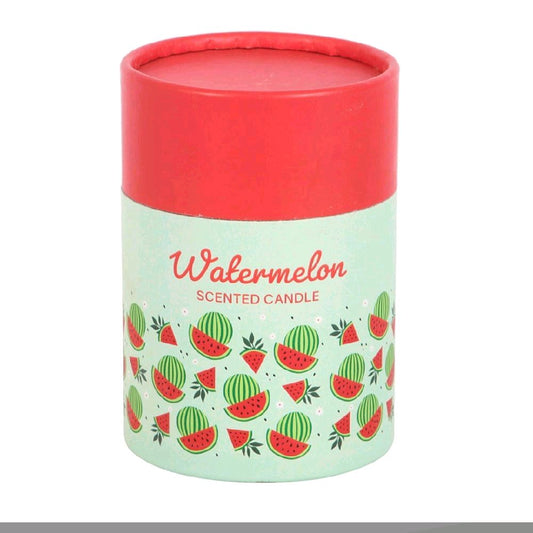 Watermelon Scented Candle in Red and Green Cylinder Packaging with Watermelon Design Aroma