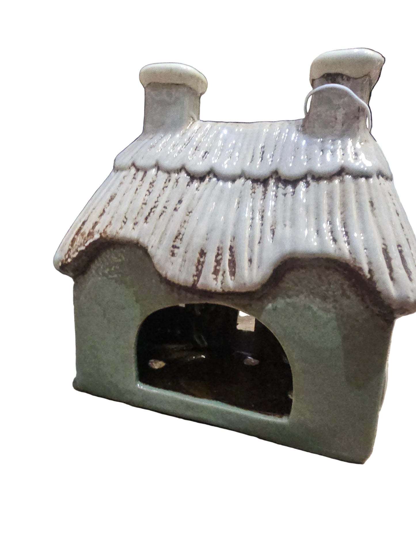 Stoneware Green Thatched Cottage with Embossed Flowers Tea Light Holder