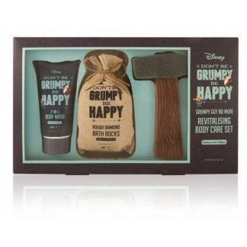 Mad Beauty Disney Grumpy Revitalizing Body Care Set featuring a cedarwood and lime body wash, bath rocks, and a novelty pickaxe-shaped sponge