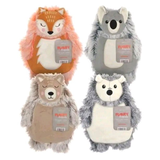 Furry Friends Novelty Hot Water Bottle & Cover - Soft & Warm - 4 Colors Assortment
