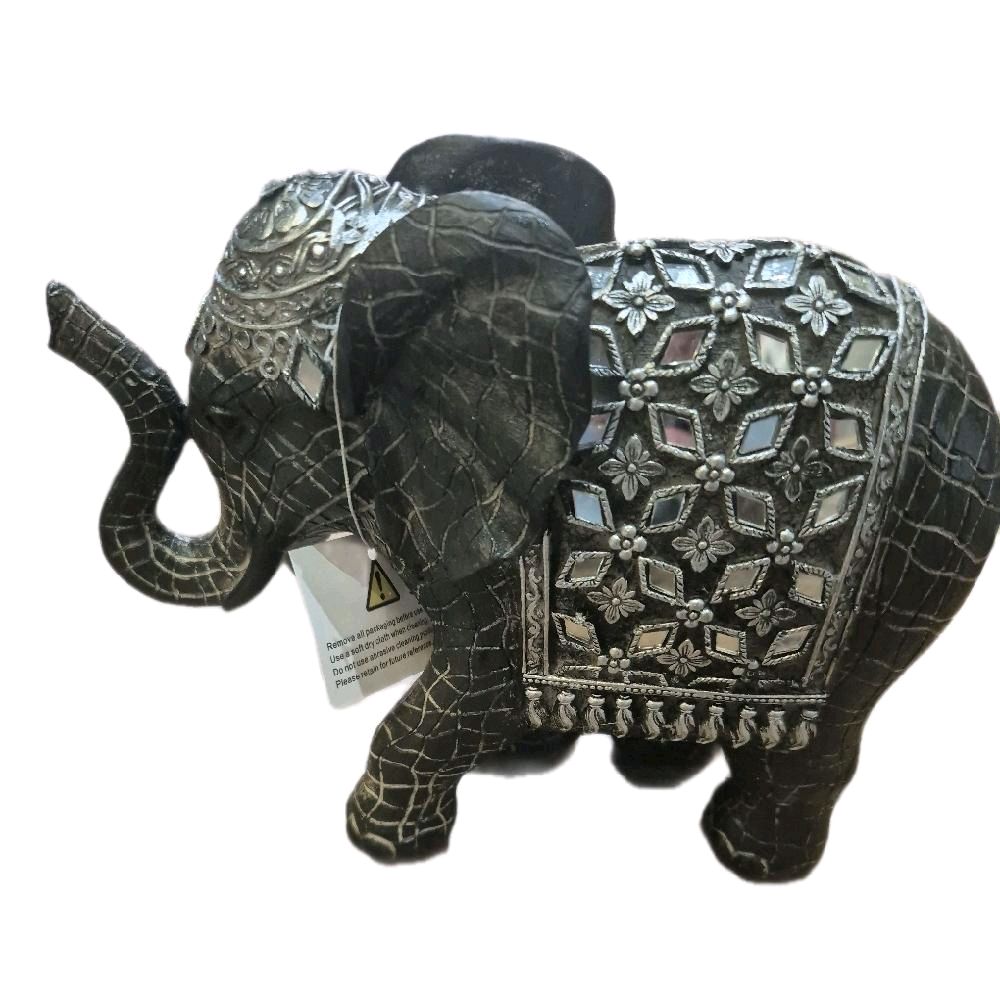 Grey Elephant Figurine with Silver and Mirrored Detail 19cm Decorative Piece Ornaments