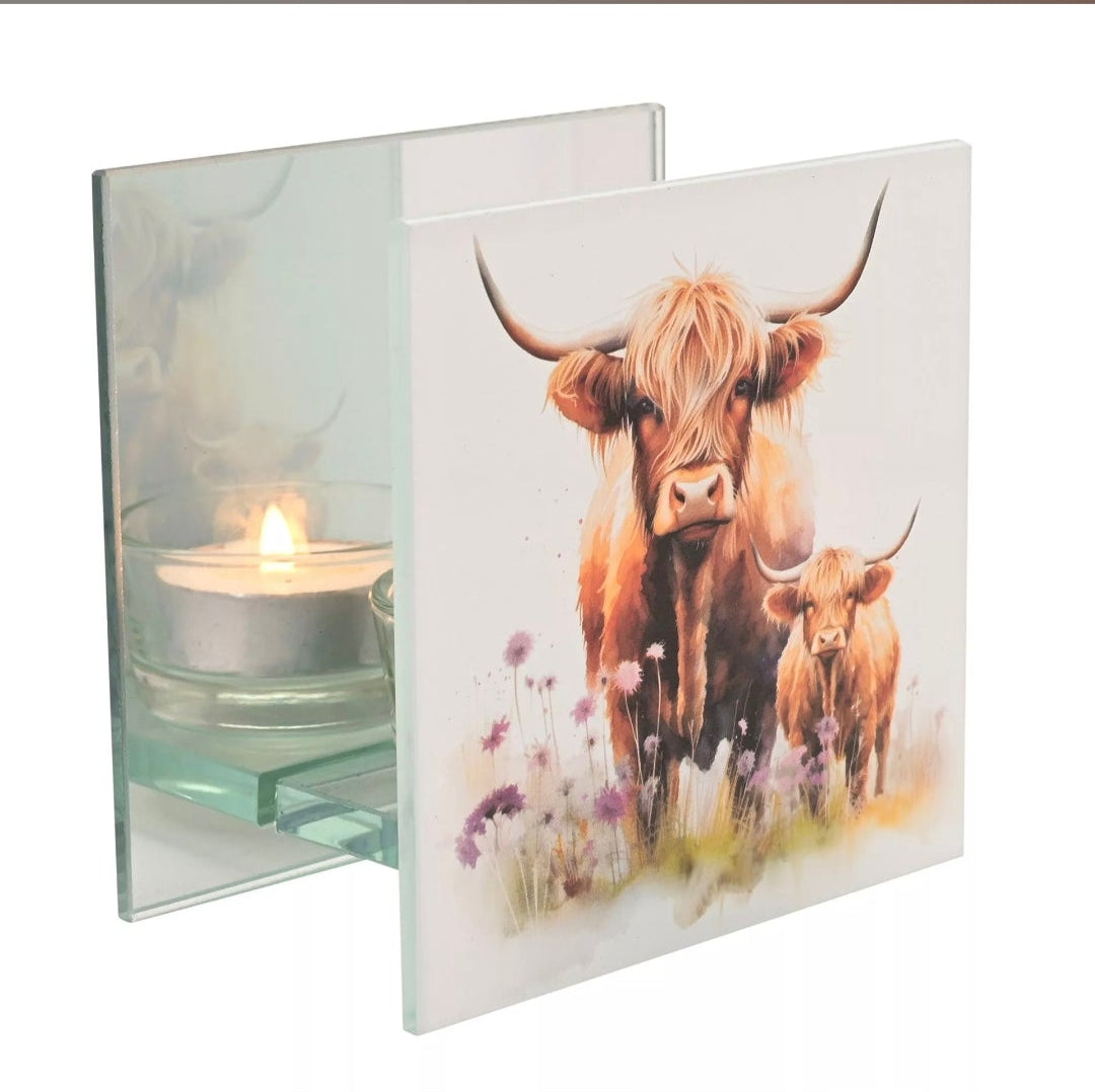 Country Living Highland Cow Glass Tealight Holder