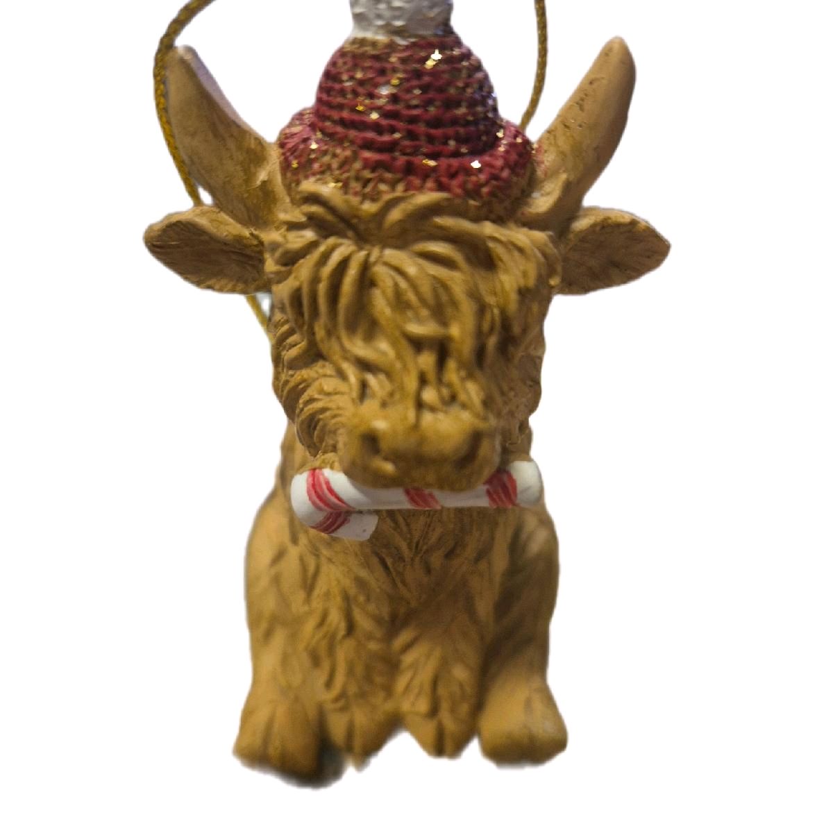 Cute Highland Cow Chewing Candycane Hanging Christmas Ornament for Decoration Hangable Decoration Tree