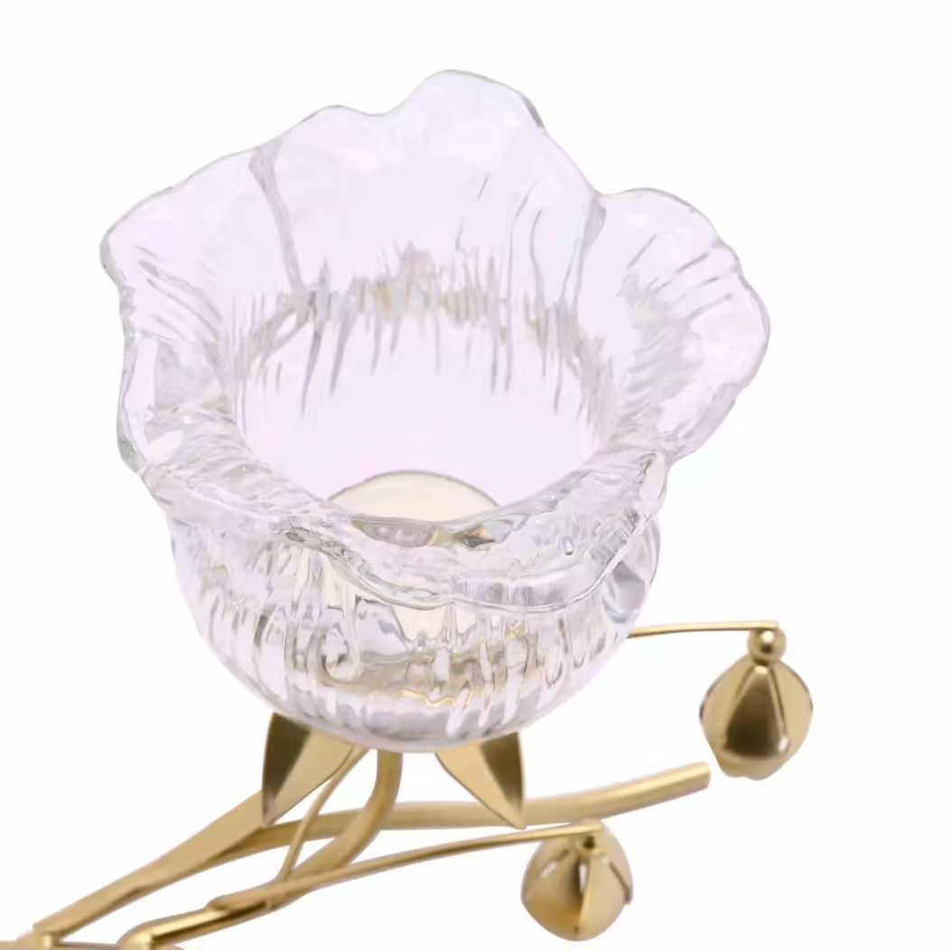 Single Stem Clear Glass Flower Candle Holder With gold stem
