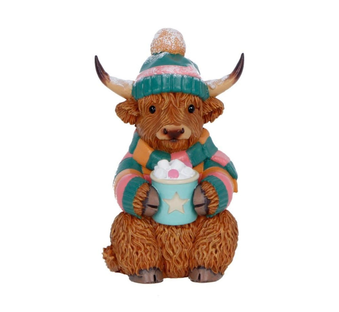 Winter Highland Cow Hot Cocoa Figurine by Nemesis Now,12.3cm