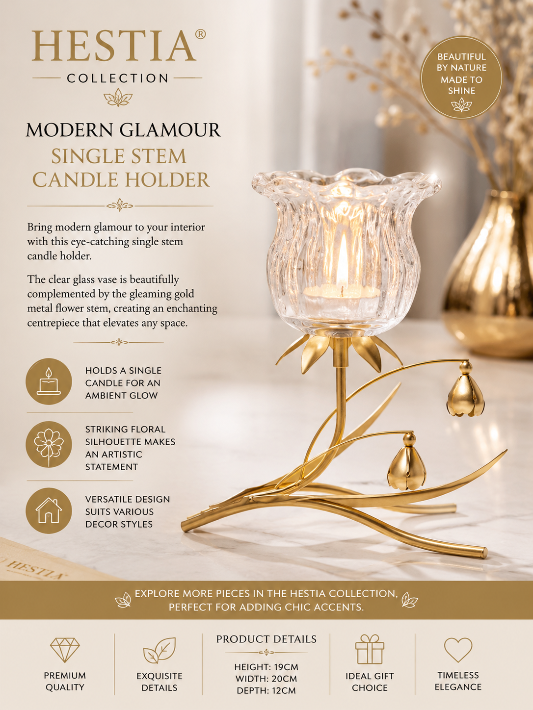 Single Stem Clear Glass Flower Candle Holder With gold stem
