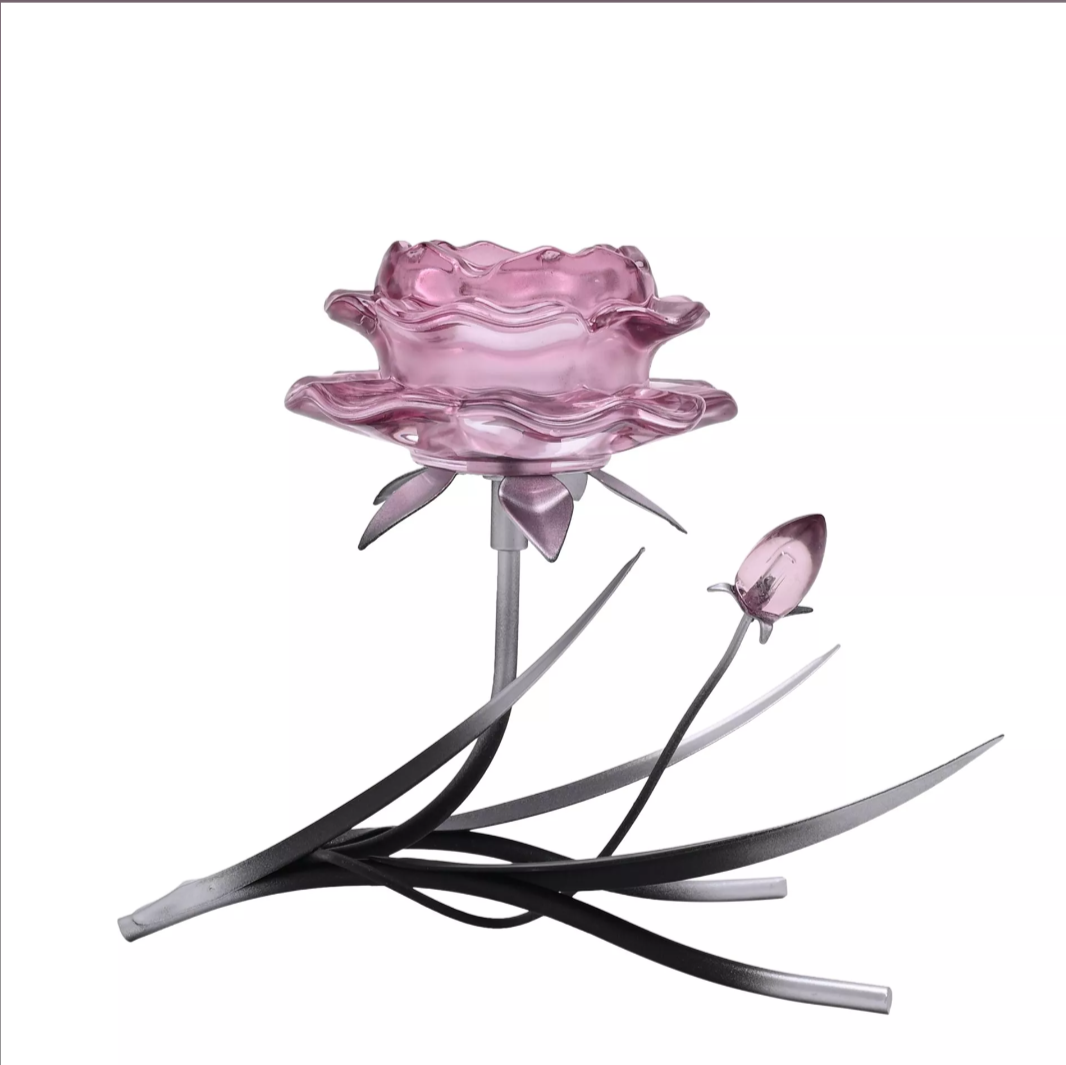 Hestia Pink Glass Rose Single Candle Holder With 2 Tone Black And Silver Base
