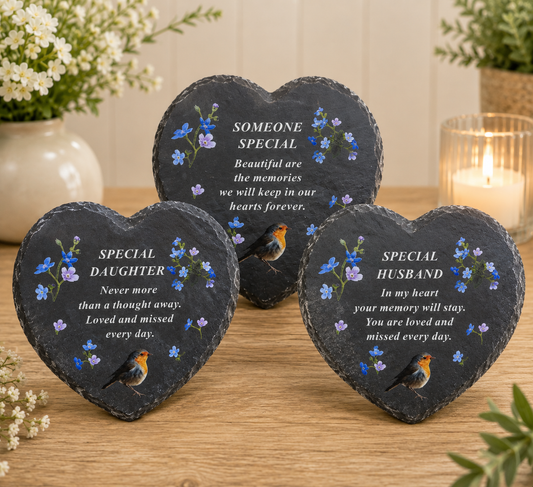 Black Slate Memorial Heart with Robin Design
