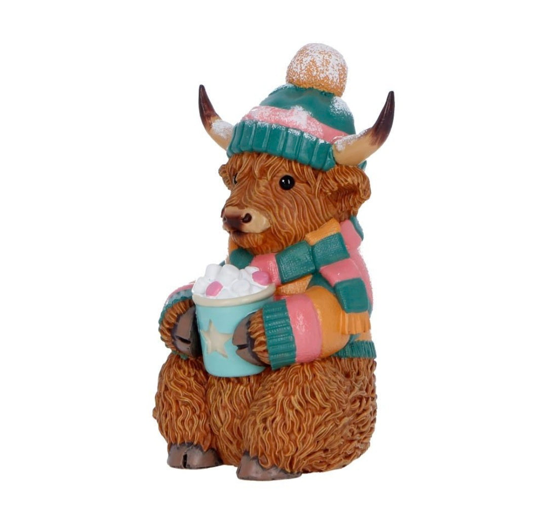 Winter Highland Cow Hot Cocoa Figurine by Nemesis Now,12.3cm