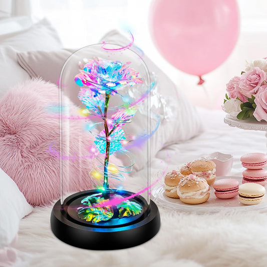 Light Up  Rose in Glass Dome LED Rotating Flower Gift