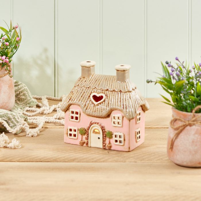 Cottage Tealight Holder Pink Embossed Stoneware with Trees