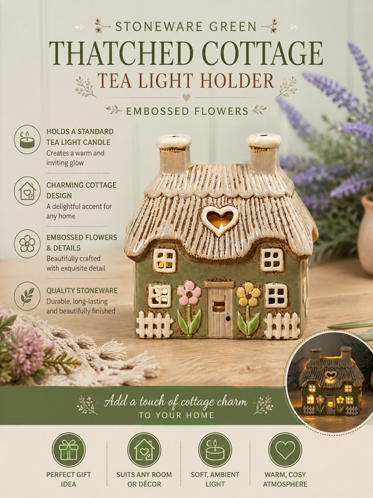 Stoneware Green Thatched Cottage with Embossed Flowers Tea Light Holder