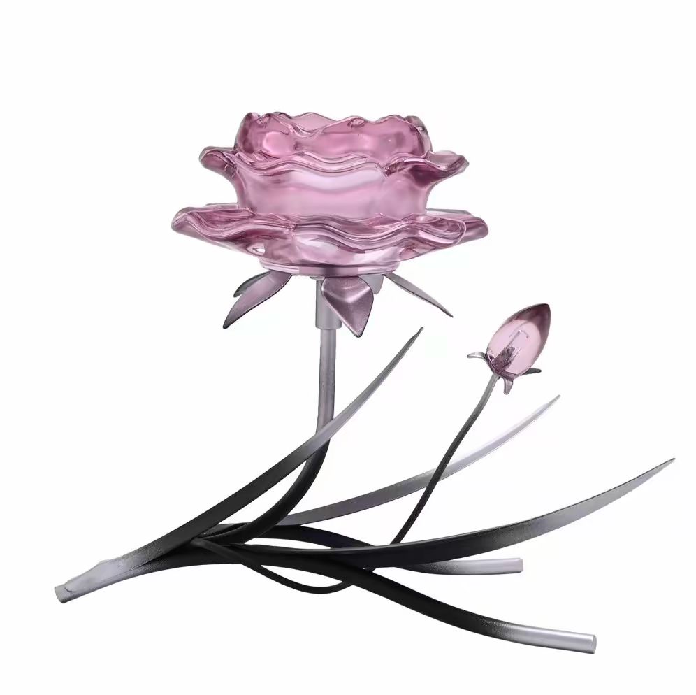 Pink Glass Rose Single Candle Holder with 2 Tone Black and Silver Base