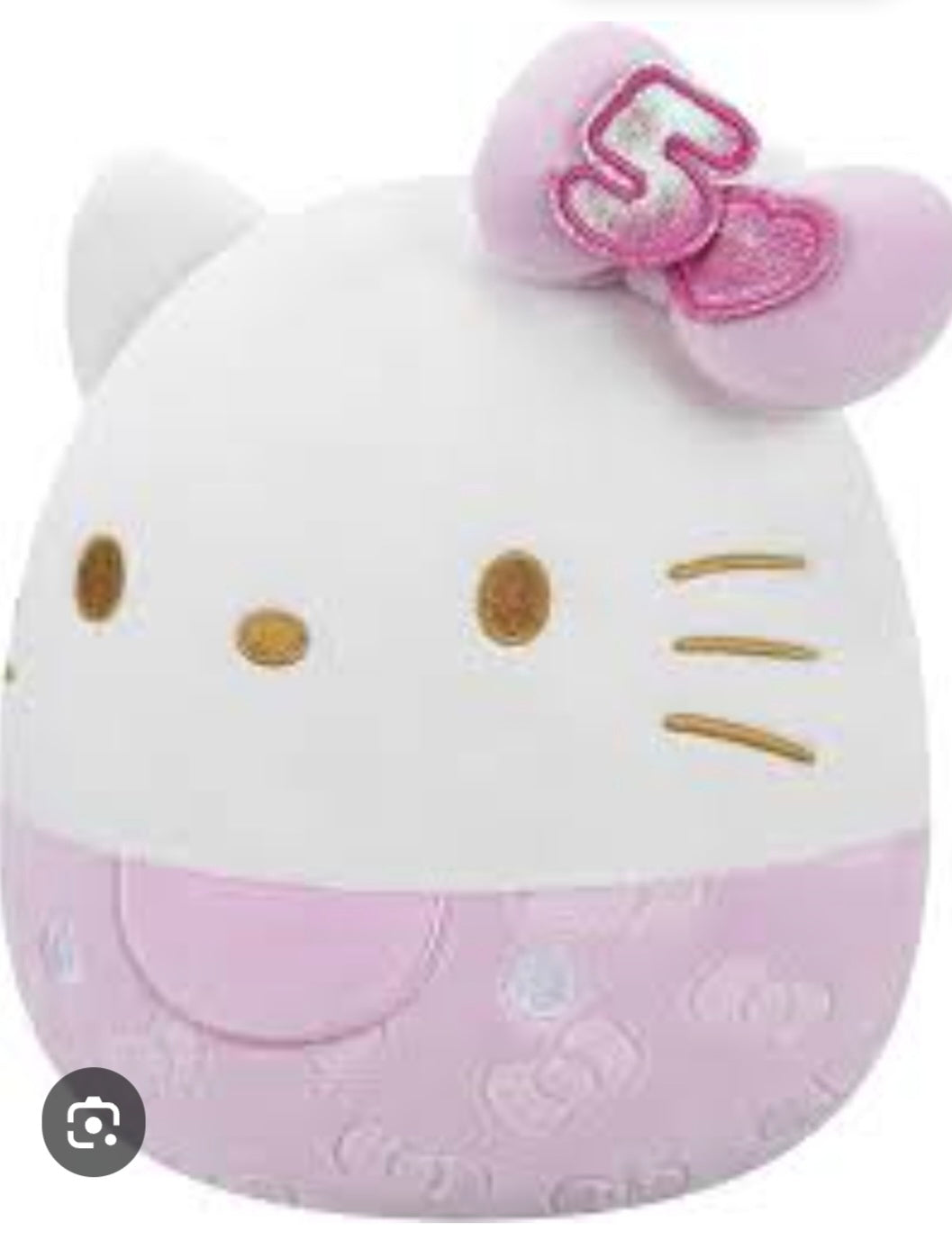 This Squishmallows Hello Kitty 50th Anniversary plush features a distinctive pink embossed design and metallic gold facial details.