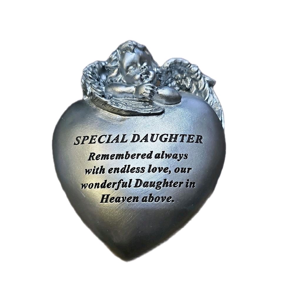 Silver Memorial Heart Stone with Winged Cherub