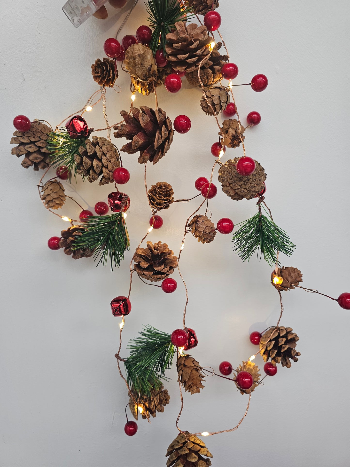Christmas light up Garland with Pine cones, Berries and bells