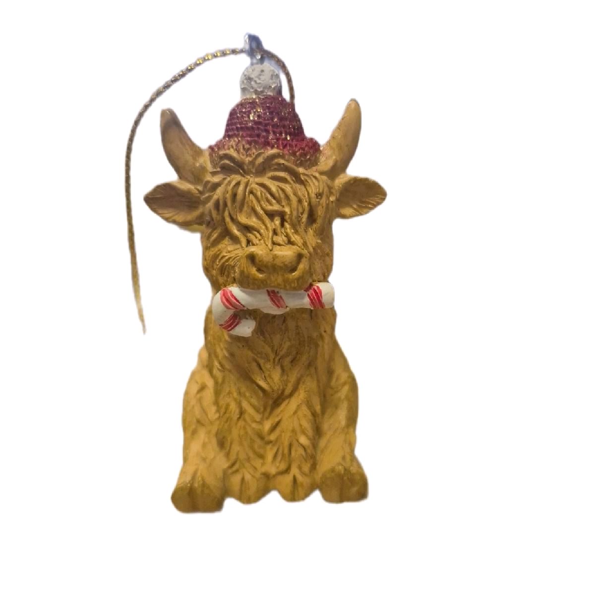 Cute Highland Cow Chewing Candycane Hanging Christmas Ornament for Decoration Hangable Decoration Tree