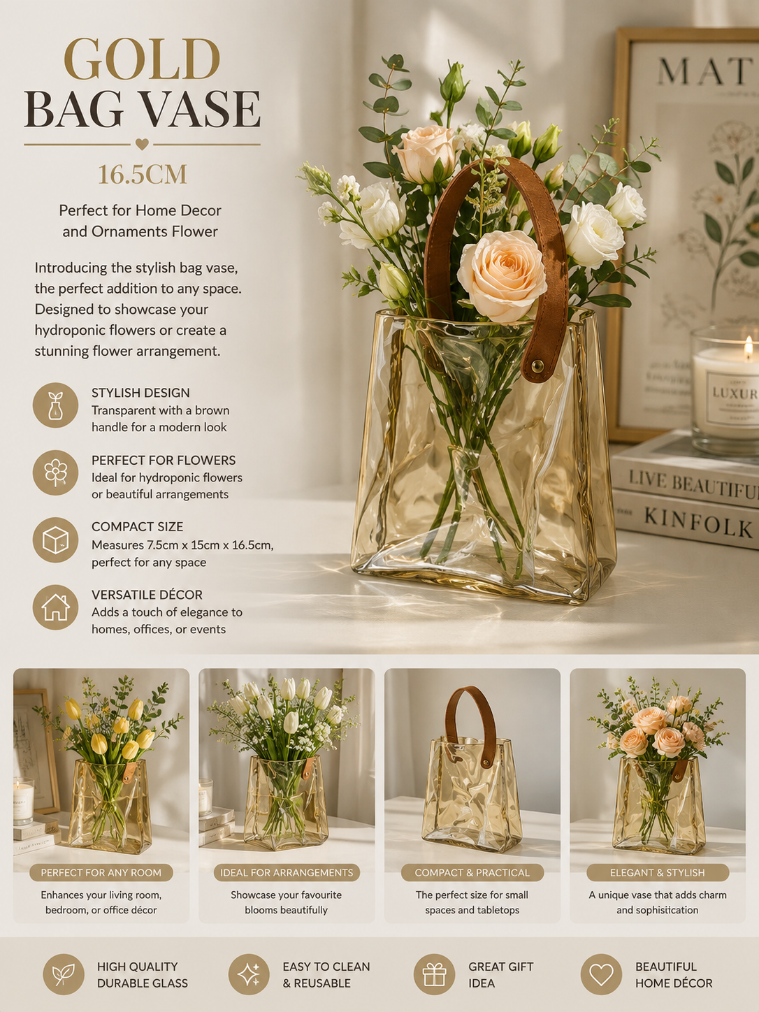 Gold Bag Vase - 16.5cm - Perfect for Home Decor and Ornaments Flower