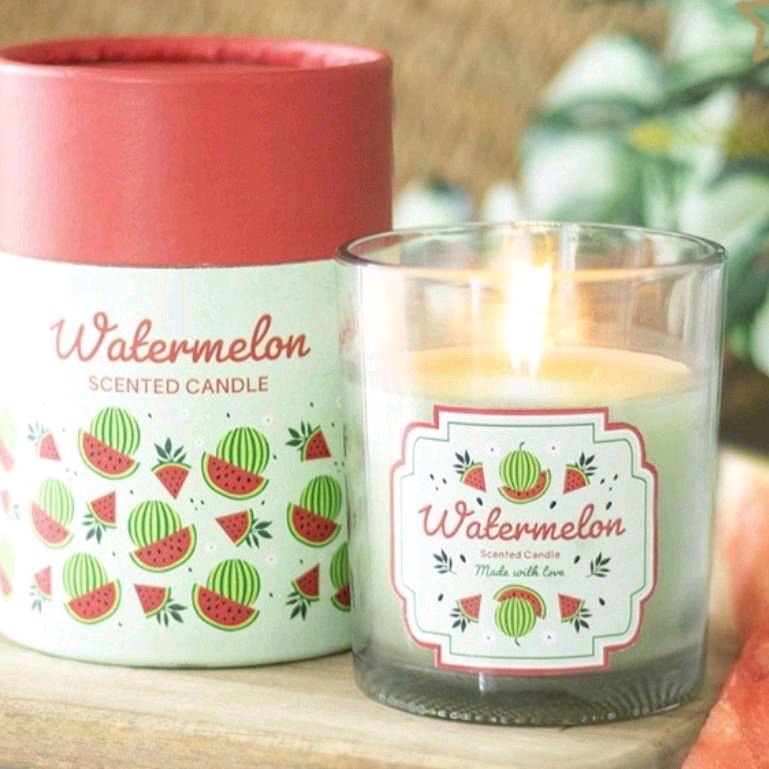 Watermelon Scented Candle in Red and Green Cylinder Packaging with Watermelon Design Aroma
