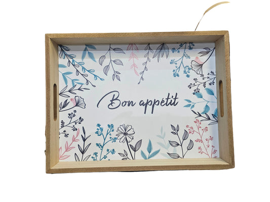 Wooden serving tray with a floral pattern and the text "Bon appétit"