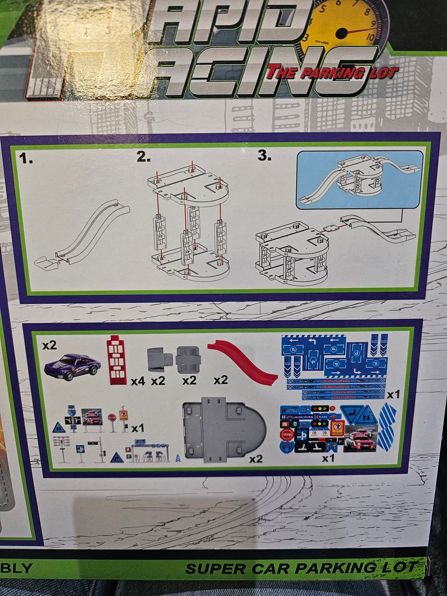 Rapid Racing Super Car Parking Lot" playset, a DIY assembly toy for children aged 3 and up.