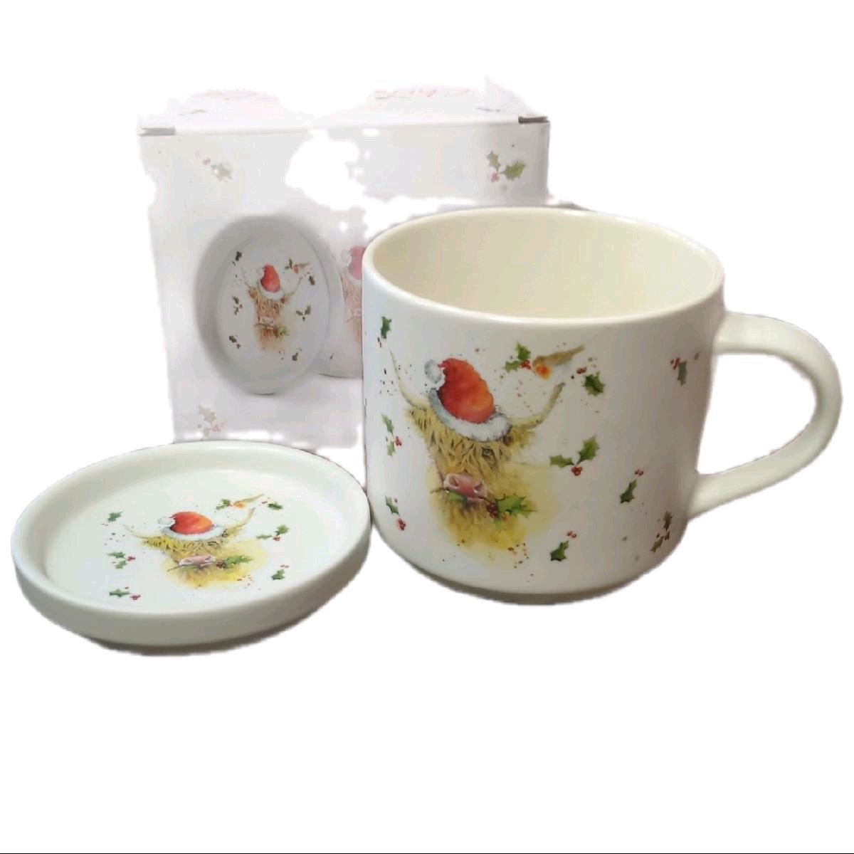 Highland Cow Christmas Mug and Coaster Set - Ceramic Reusable Washable Tableware for Coffee & Tea Drinkware Cup