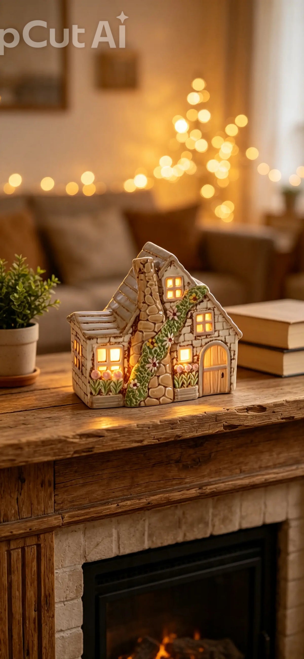 COTTAGE GARDEN STONEWARE DOUBLE COTTAGE WITH FULL CHIMNEY AND EMBOSSED DETAILS CANDLE HOLDER