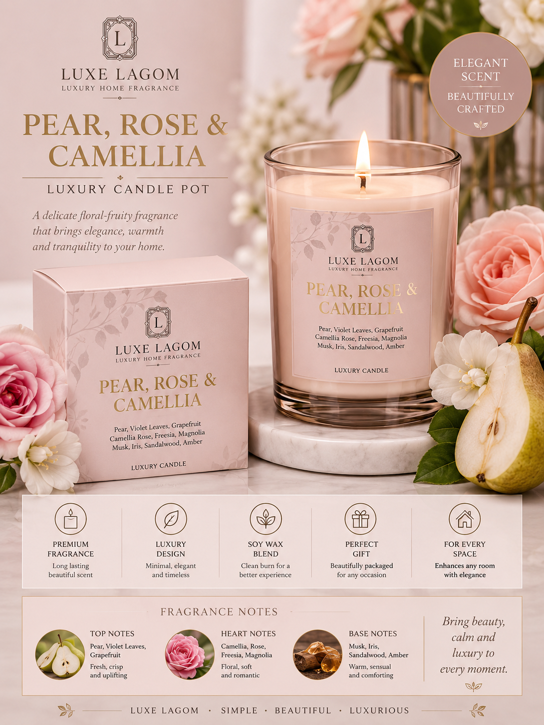 Luxe Lagom Luxury Candle Pot - Pear, Rose & Camellia