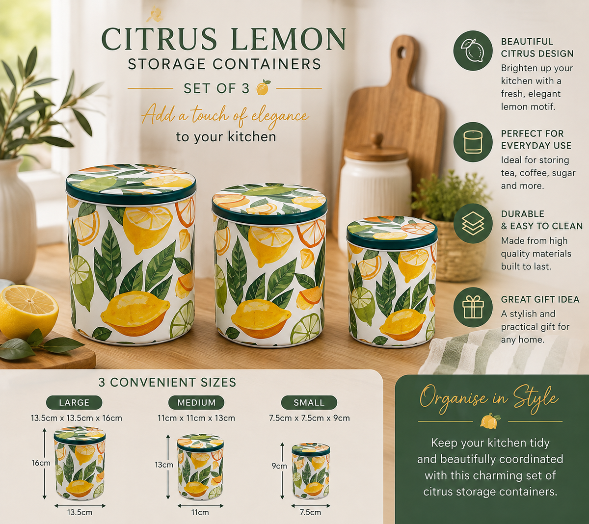 Set of 3 Citrus Round Storage Tins - Kitchen Organizer