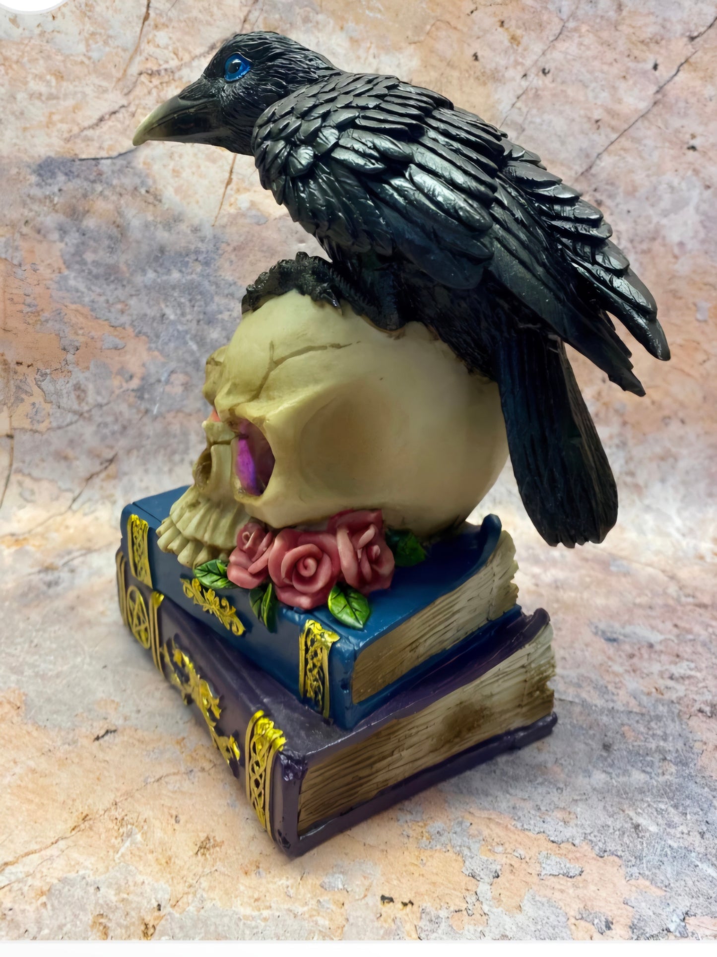 Mystical Raven on LED Skull with Witchcraft Books |