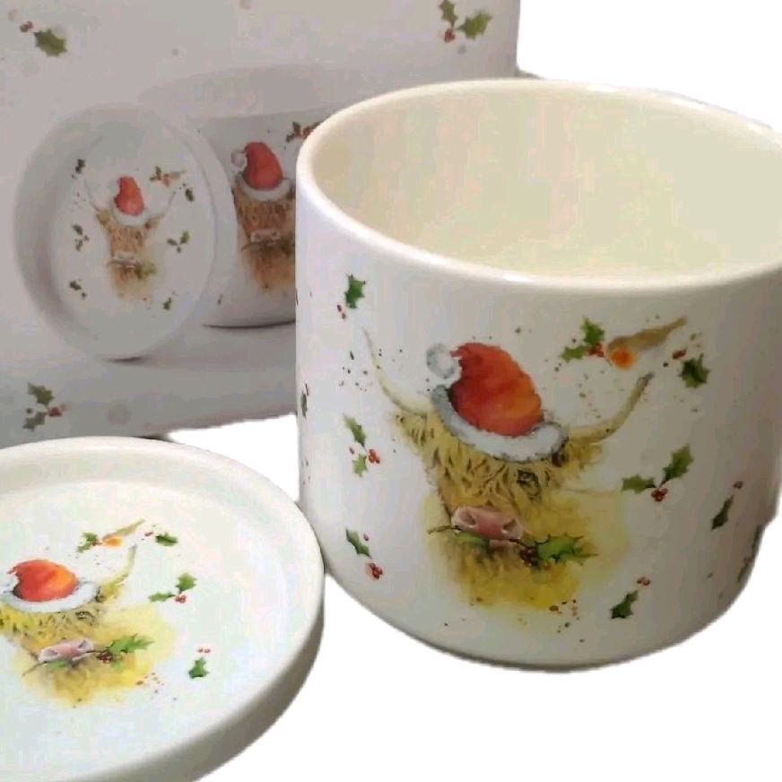 Highland Cow Christmas Mug and Coaster Set - Ceramic Reusable Washable Tableware for Coffee & Tea Drinkware Cup