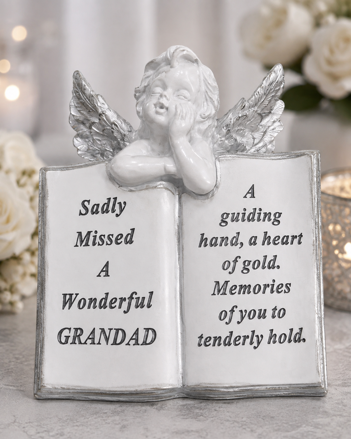 Silver and White Grandad Memorial Cherub on Book
