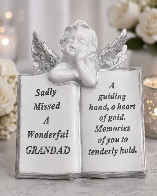 Silver and White Grandad Memorial Cherub on Book