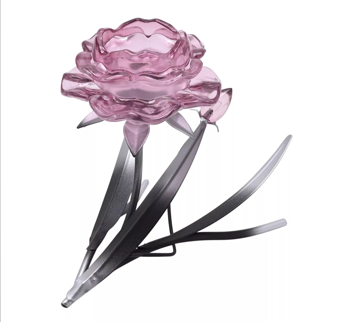Hestia Pink Glass Rose Single Candle Holder With 2 Tone Black And Silver Base