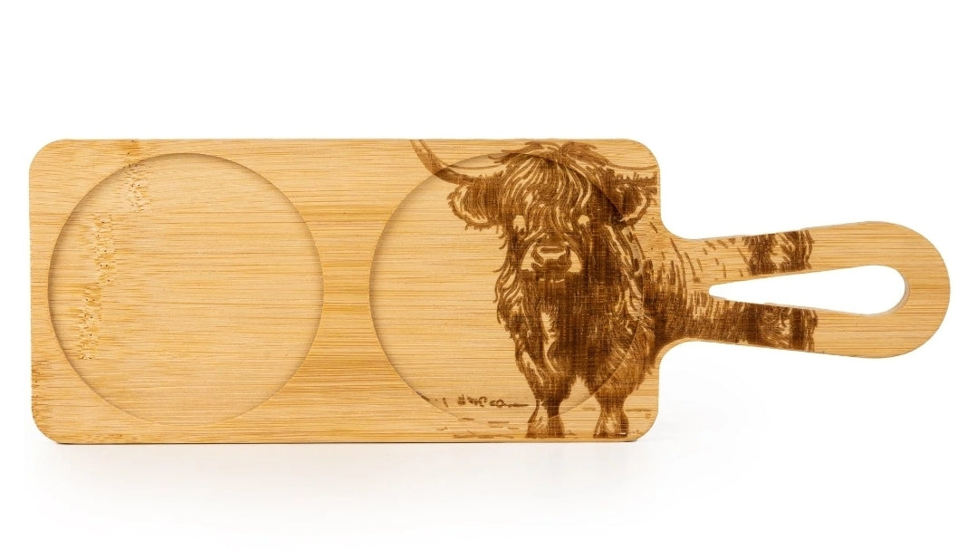 Set of 2 Bowls on Bamboo Tray - Highland Cow 2pk