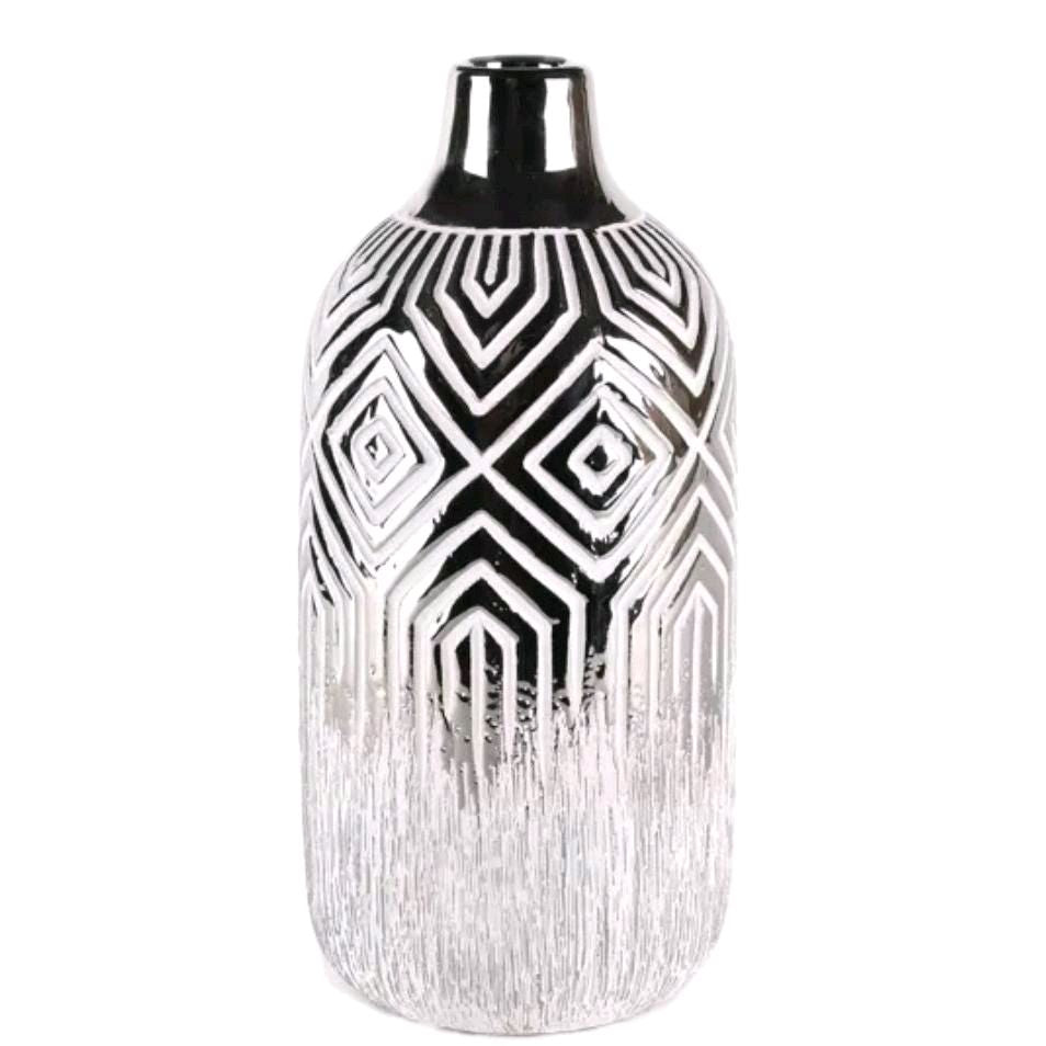 Decorative Silver & White Geometric Vase - 24.5cm - Ornaments Ceramic Flower Room