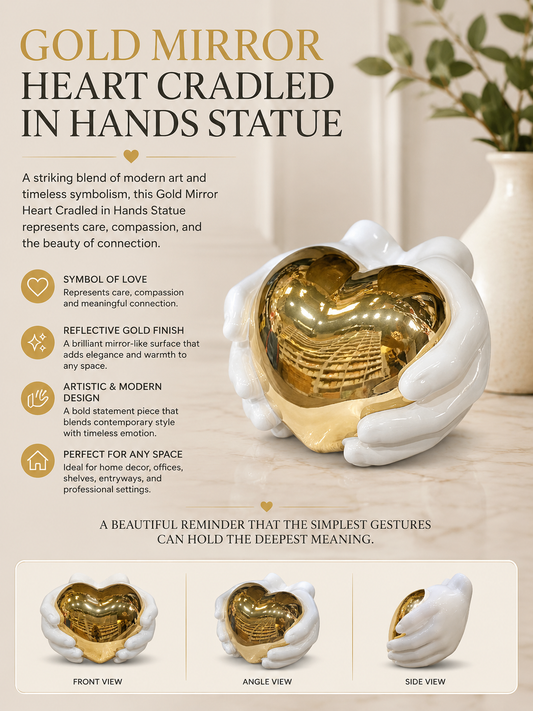 Gold Mirror Heart Cradled in Hands Statue