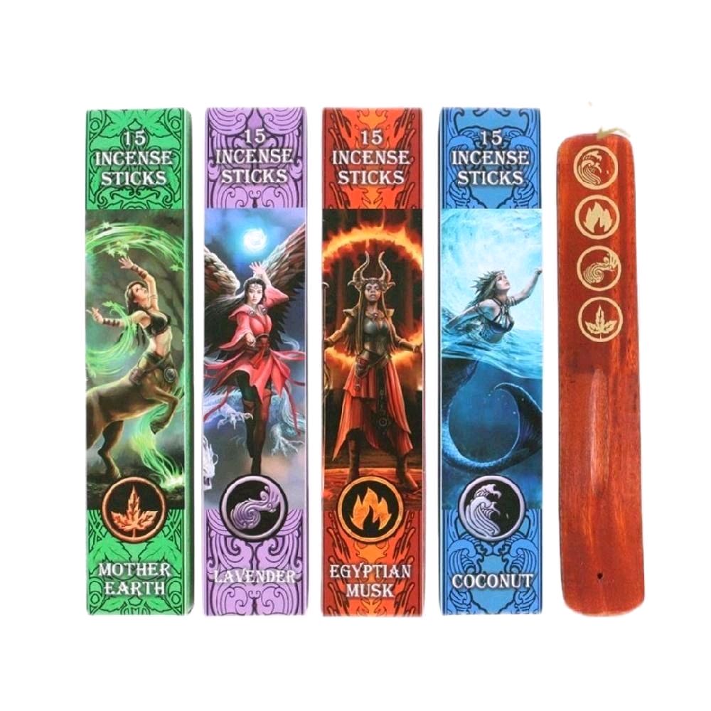 Elemental Incense Stick Collection - Includes 4 Packs of 15 Incense Sticks & An Incense Ash Catcher - Four Aromatic Scents:ender, Coconut, Mother, Egyptian Set Fragrance Scented