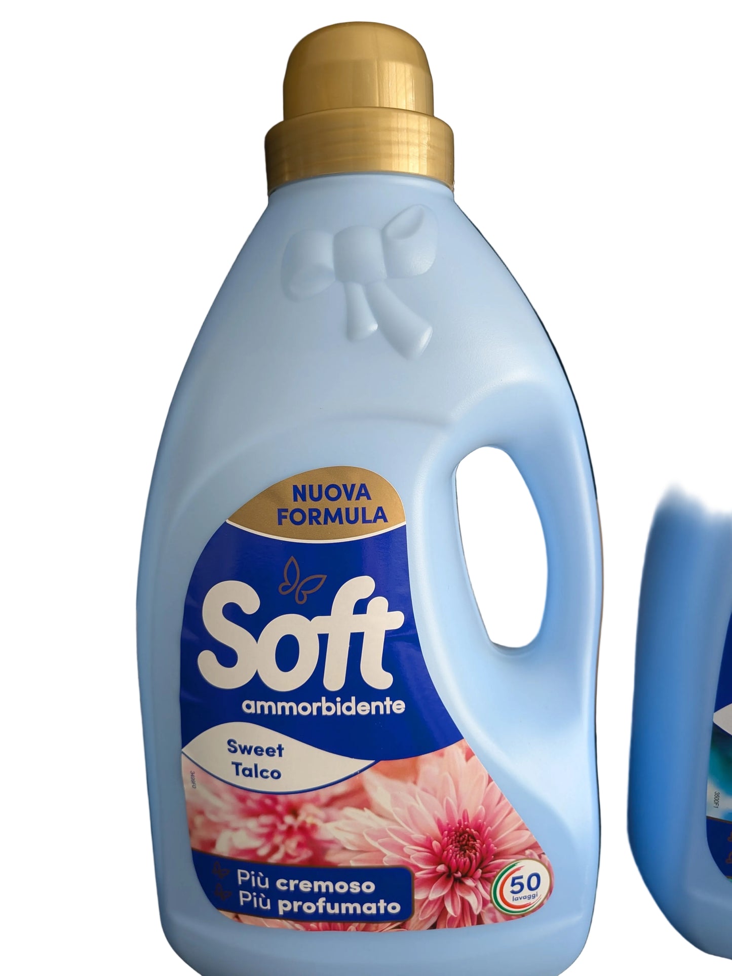 Soft fabric softeners, 50-wash liquid formula available in Magic Passion, Sweet Talco, and Classic Blue.