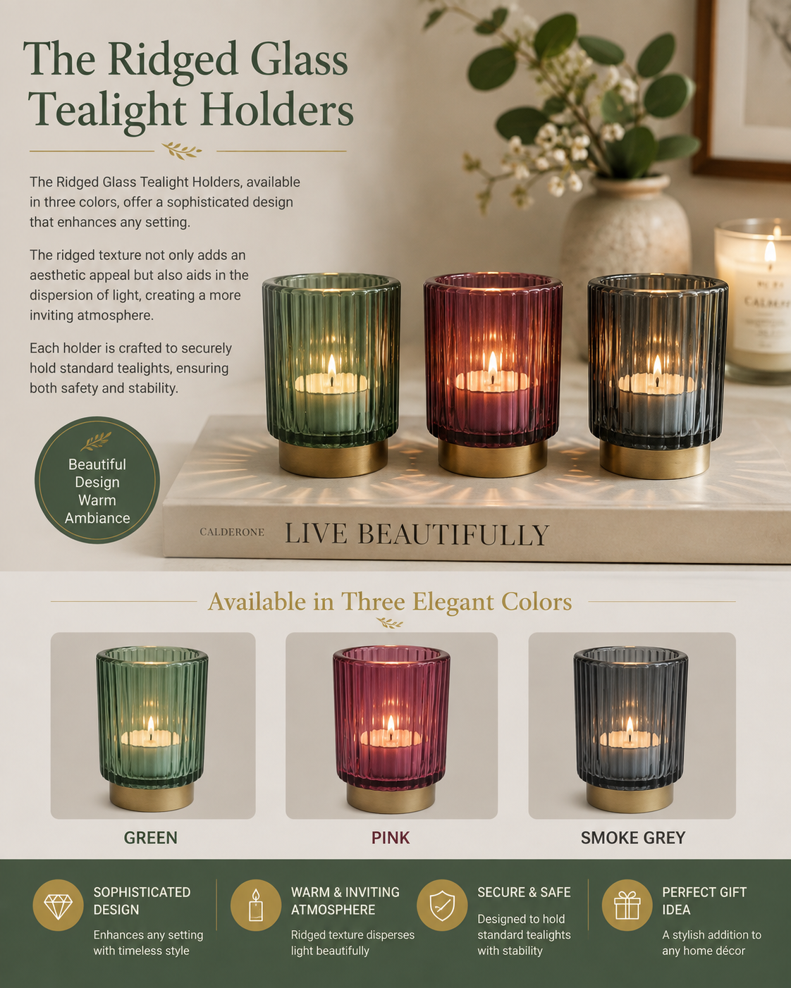 Ridged Glass Tealight Holders - 3 colours