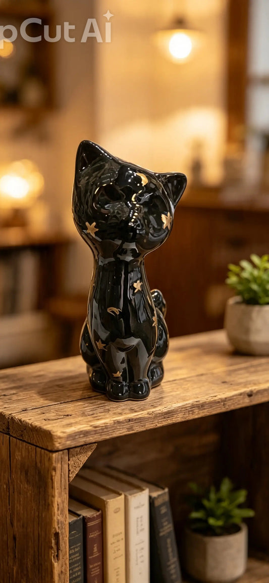 Ceramic Cat Ornament With Stars and Moons