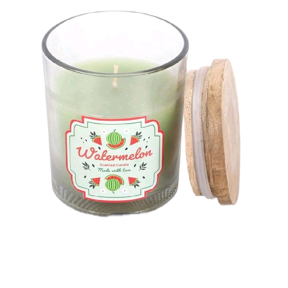 Watermelon Scented Candle in Red and Green Cylinder Packaging with Watermelon Design Aroma