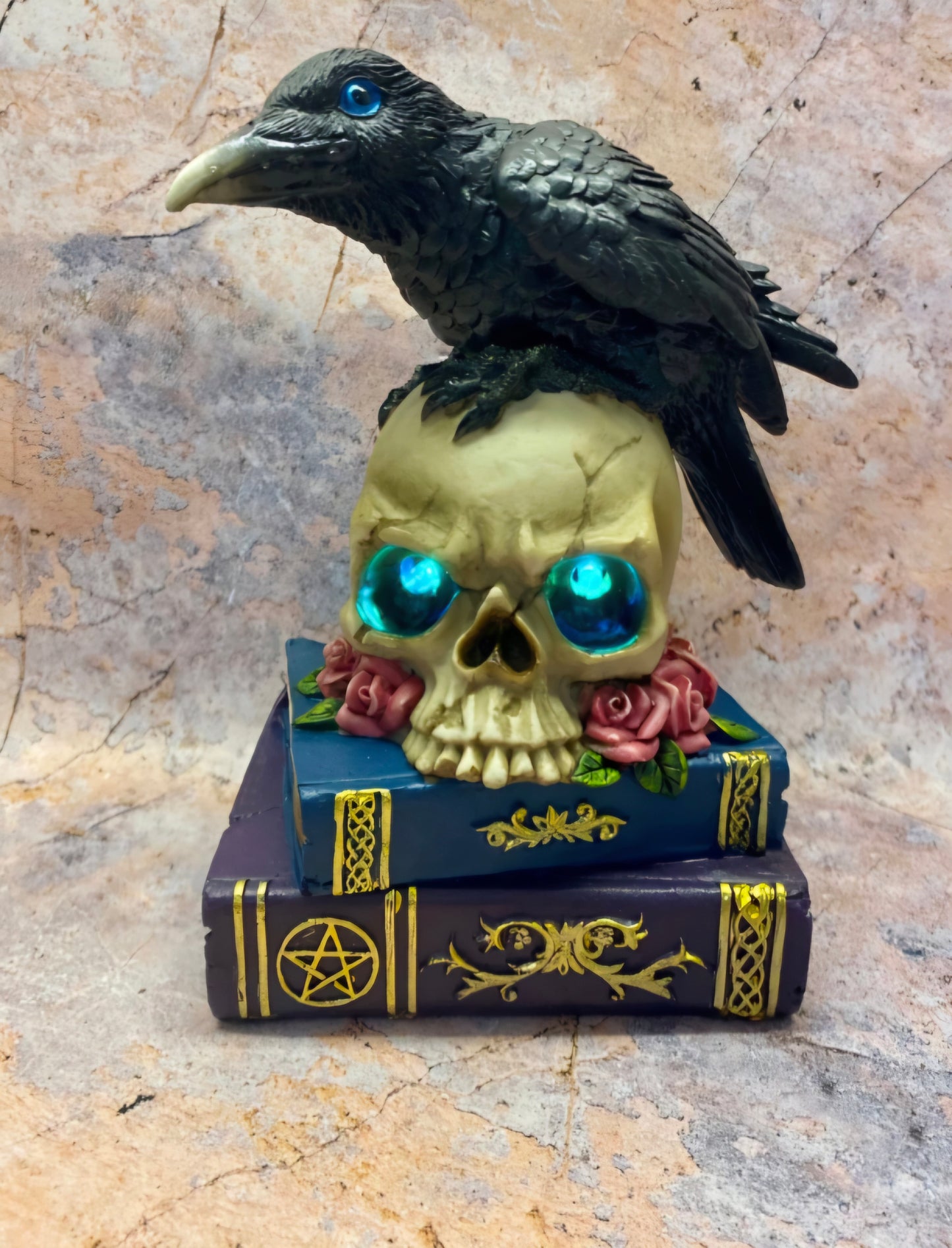 Mystical Raven on LED Skull with Witchcraft Books |