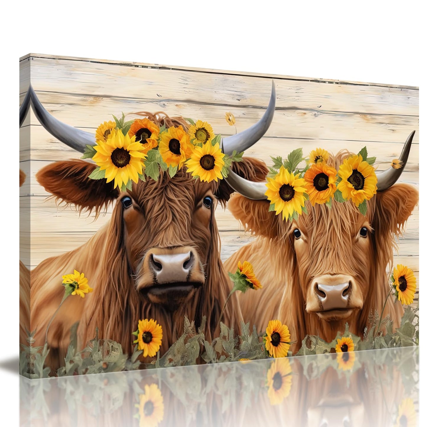 Rustic Cow Canvas Wall Art Farmhouse Animal Print on Wood Panel for Kitchen & Living Room Décor - Sunflower Cows 45x30cm