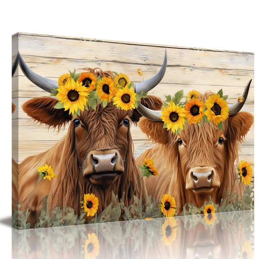 Rustic Cow Canvas Wall Art Farmhouse Animal Print on Wood Panel for Kitchen & Living Room Décor - Sunflower Cows 45x30cm